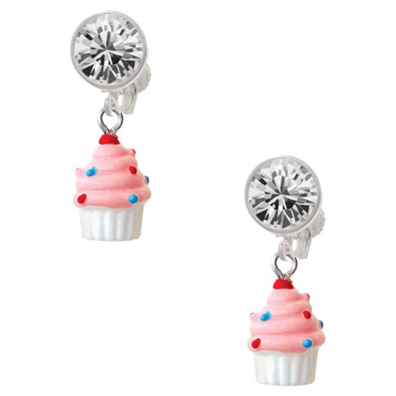 Resin Mini White Cupcake with Pink Frosting Clear Crystal Clip On Earrings