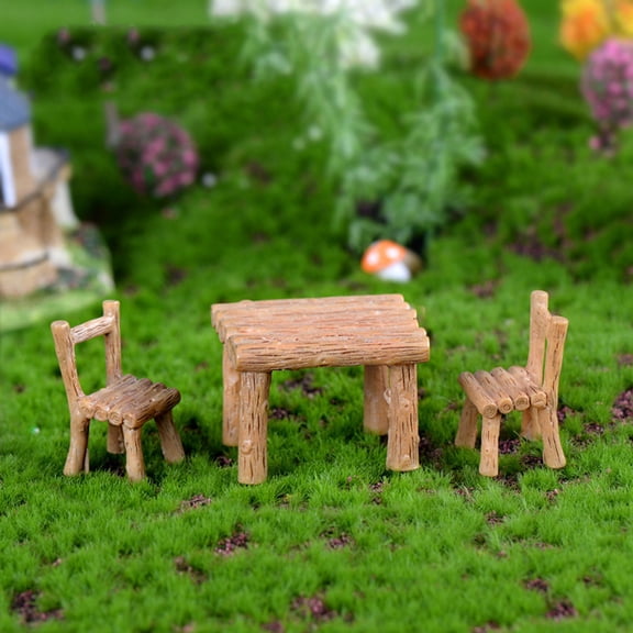 Resin Miniature Wood Table and Chair Ornament for Moss Micro Landscape Succulent Bonsai Fairy Garden Doll House Decor