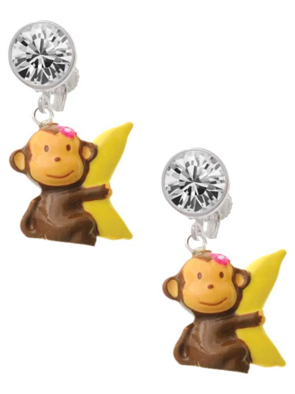 Resin Monkey Hugging a Banana Clear Crystal Clip On Earrings
