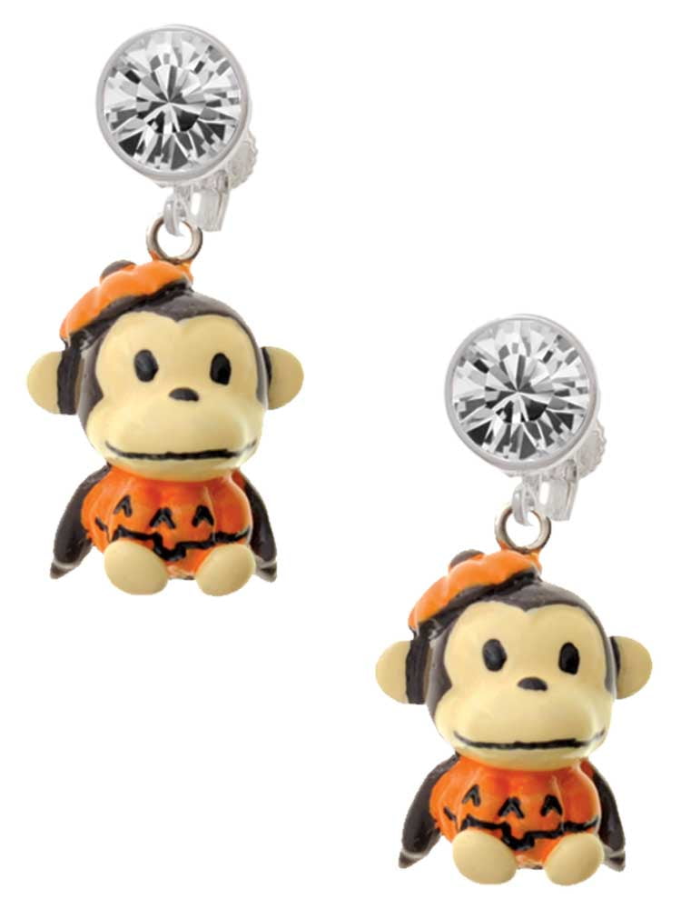 Resin Monkey in Pumpkin Costume Clear Crystal Clip On Earrings