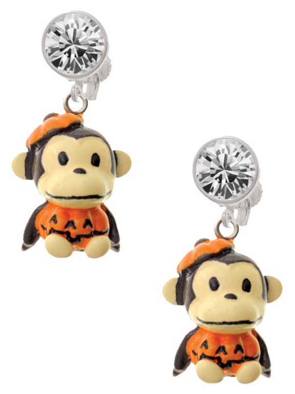 Resin Monkey in Pumpkin Costume Clear Crystal Clip On Earrings