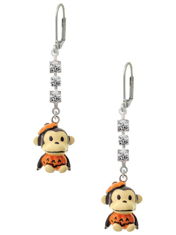 Resin Monkey in Pumpkin Costume Crystal Madison Leverback Earrings