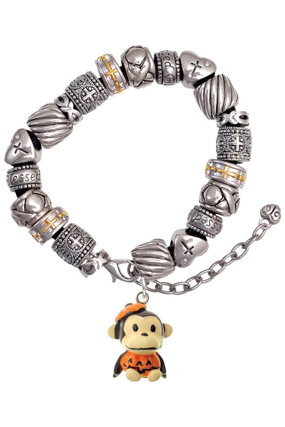 Resin Monkey in Pumpkin Costume Silver Tone Christian Bead Bracelet