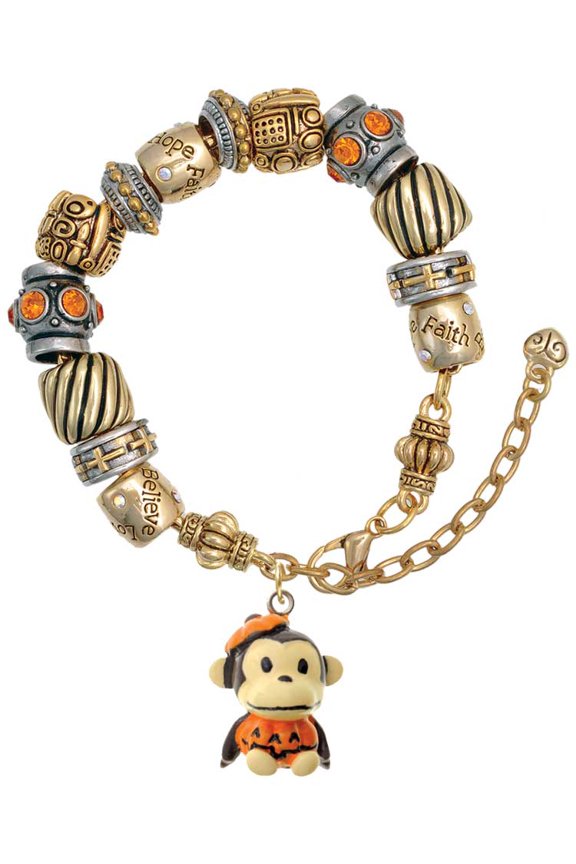 Resin Monkey in Pumpkin Costume Two Tone Christian Bead Bracelet