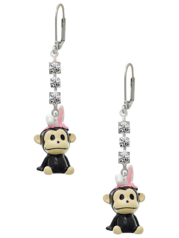 Resin Monkey with Bunny Ears Crystal Madison Leverback Earrings
