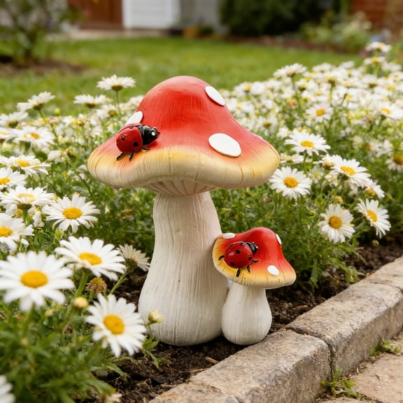 Resin Mushroom Garden Statue Set - 8.7in Large Red Toadstool With Ladybug Indoor Outdoor Fairy Tale Decor
