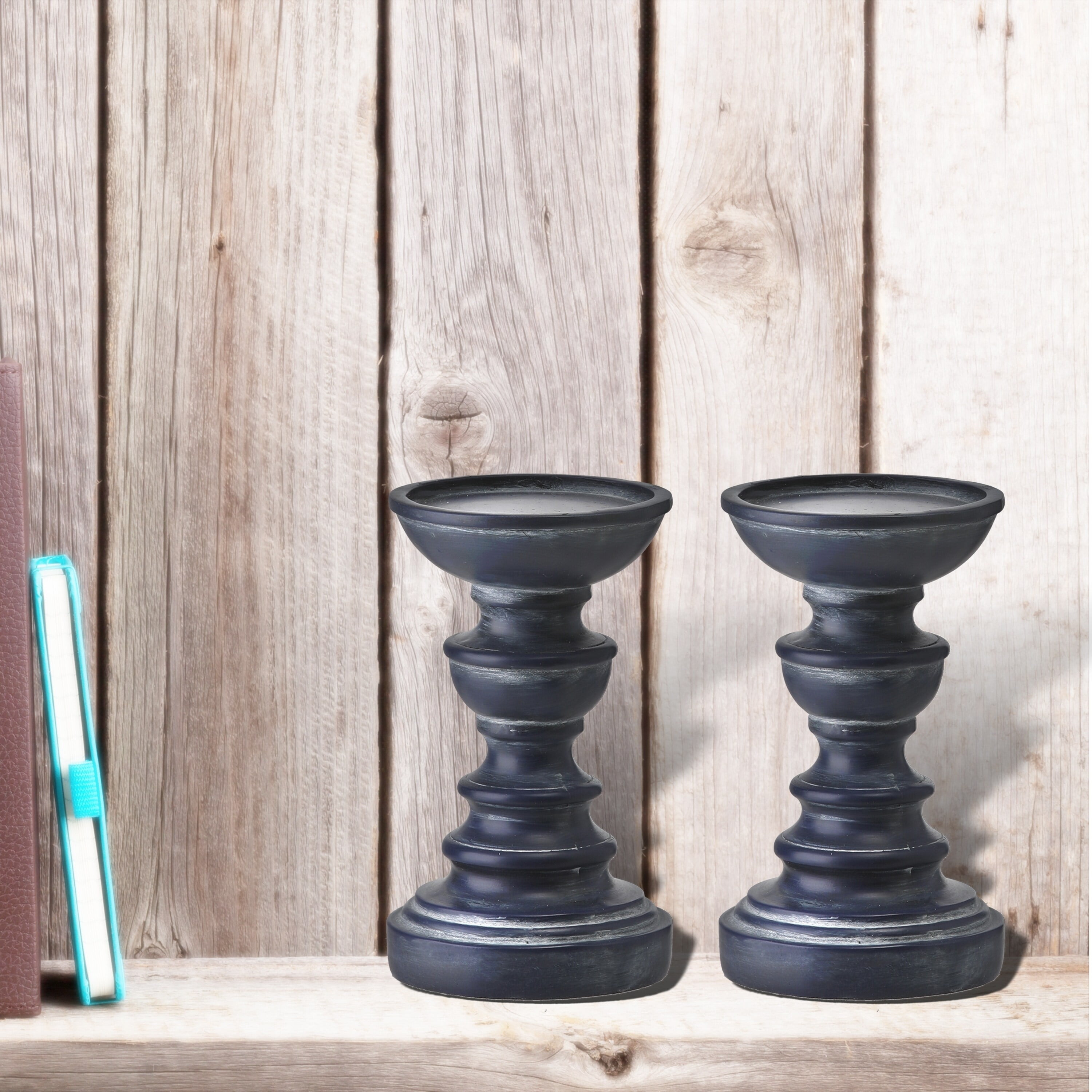Navy Blue Resin Nantucket 6.5" Candlestick Pair