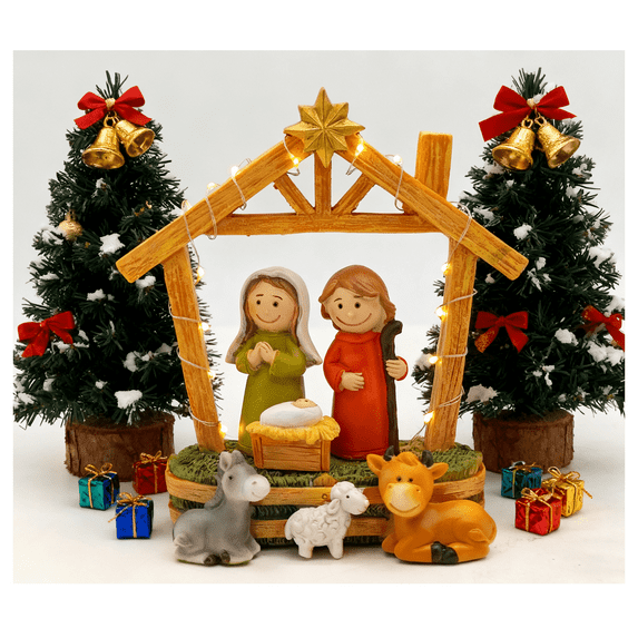 Resin Nativity Scene Figurine – Cute Holy Family with Baby Jesus, Mary, Joseph, Stable and Animals – Christmas Tabletop Decoration, Christian Home Decor – 6”