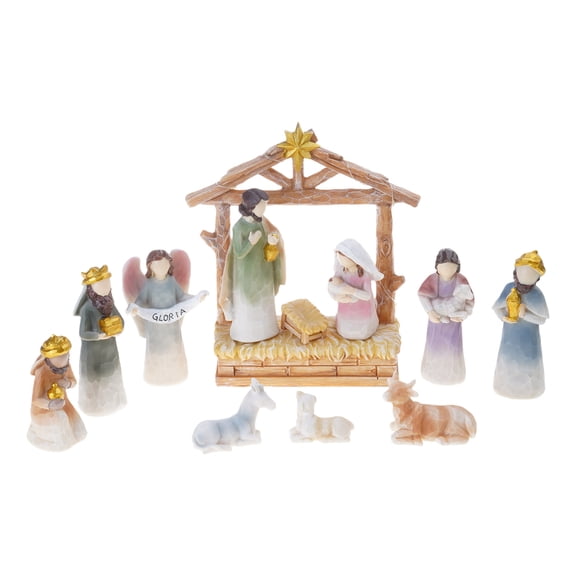 Resin Nativity Scene Set with Holy Family & Stable, Christmas Tabletop Decoration, Holiday Home Figurine Ornament