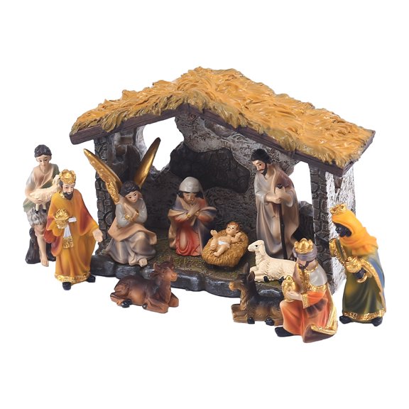 Resin Nativity Set with Figurines Handmade Christian Nativity Scene with Manger Angel Holy Family Stable Indoor Table Display Figurines Decoration