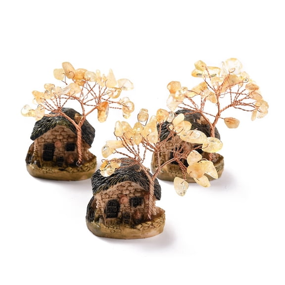 Resin & Natural Citrine Model Ornament House & Trees Reiki Spiritual Energy Tree for Desk Home Decoration 37~52x31~33x67~70mm