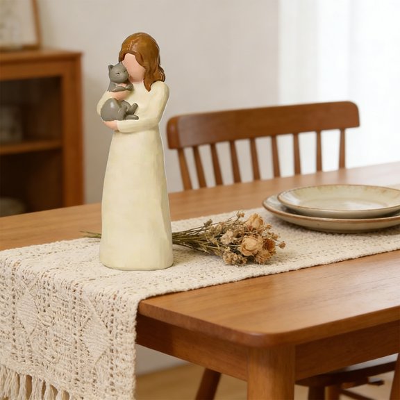 Resin Ornament,Angel Figurine,Handcrafted Teen Holding Cat Watering Flowers Sculpture for Home Decor Perfect Mother's Day Gift for Bedroom Bookshelf Entryway(White)