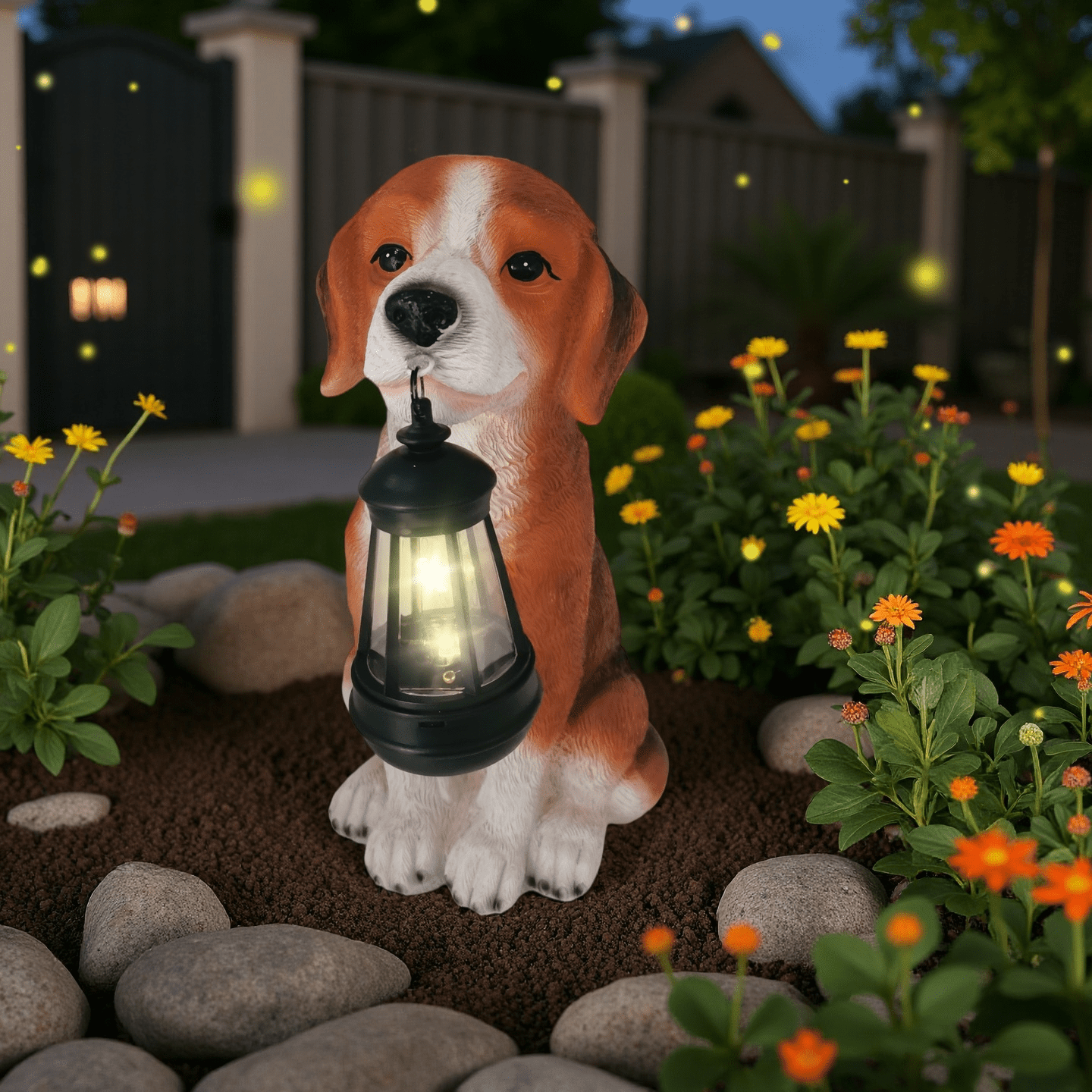 Resin Outdoor Decor Dog Statue Garden Puppy Beagle Figurine, Solar Animal Sculpture Light for Pet Lovers