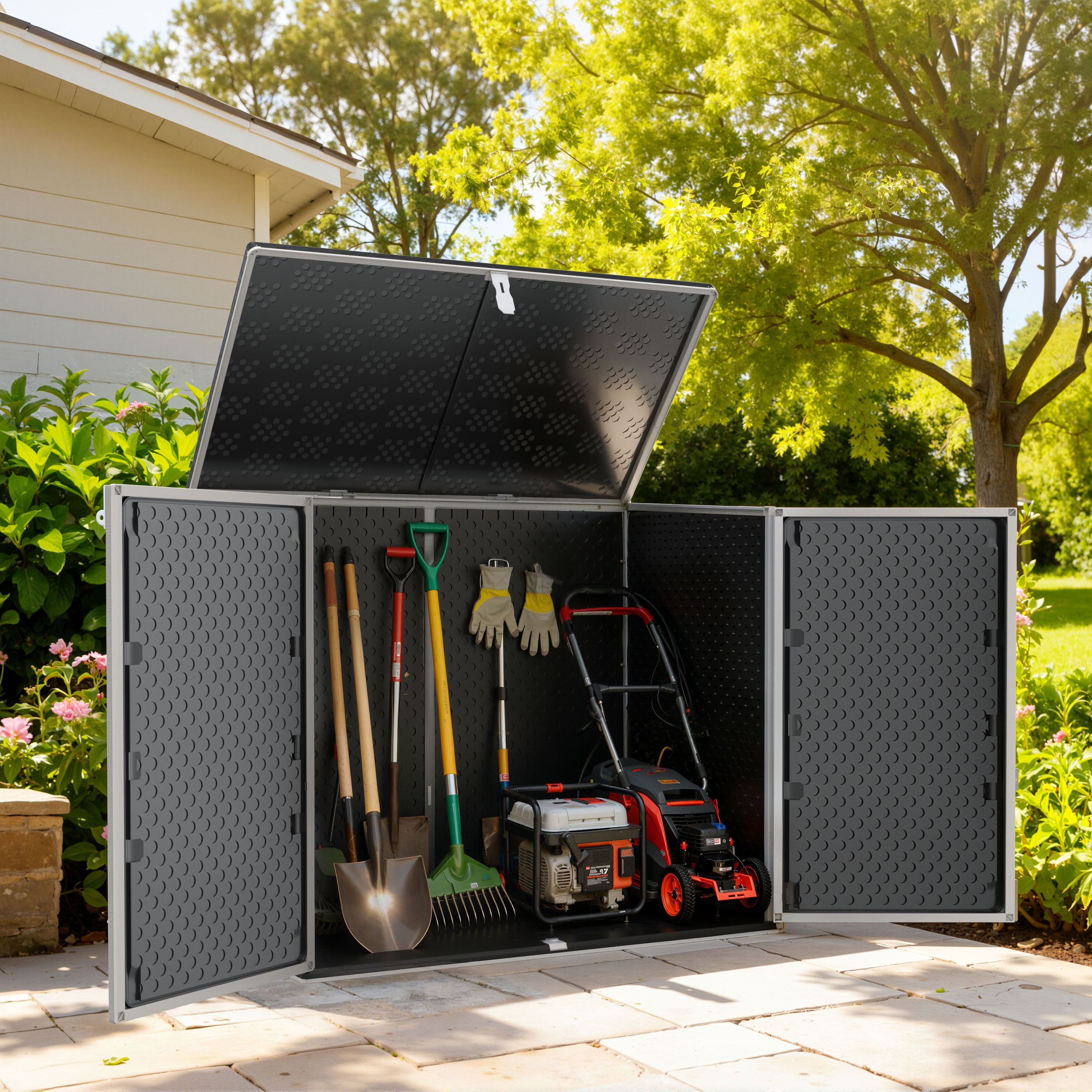 Resin Outdoor Storage Shed, 51 Cu Ft Waterproof Storage Box, Multi-Purpose Storage Cabinet for Garden Accessories, Bikes, Carbage, Lockable, Hinged Lid - Gray