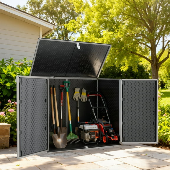 Resin Outdoor Storage Shed, 51 Cu Ft Waterproof Storage Box, Multi-Purpose Storage Cabinet for Garden Accessories, Bikes, Carbage, Lockable, Hinged Lid - Gray