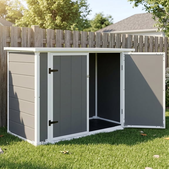 Resin Outdoor Storage Shed for Trash Cans with Ramp, 56.1 in, Gray