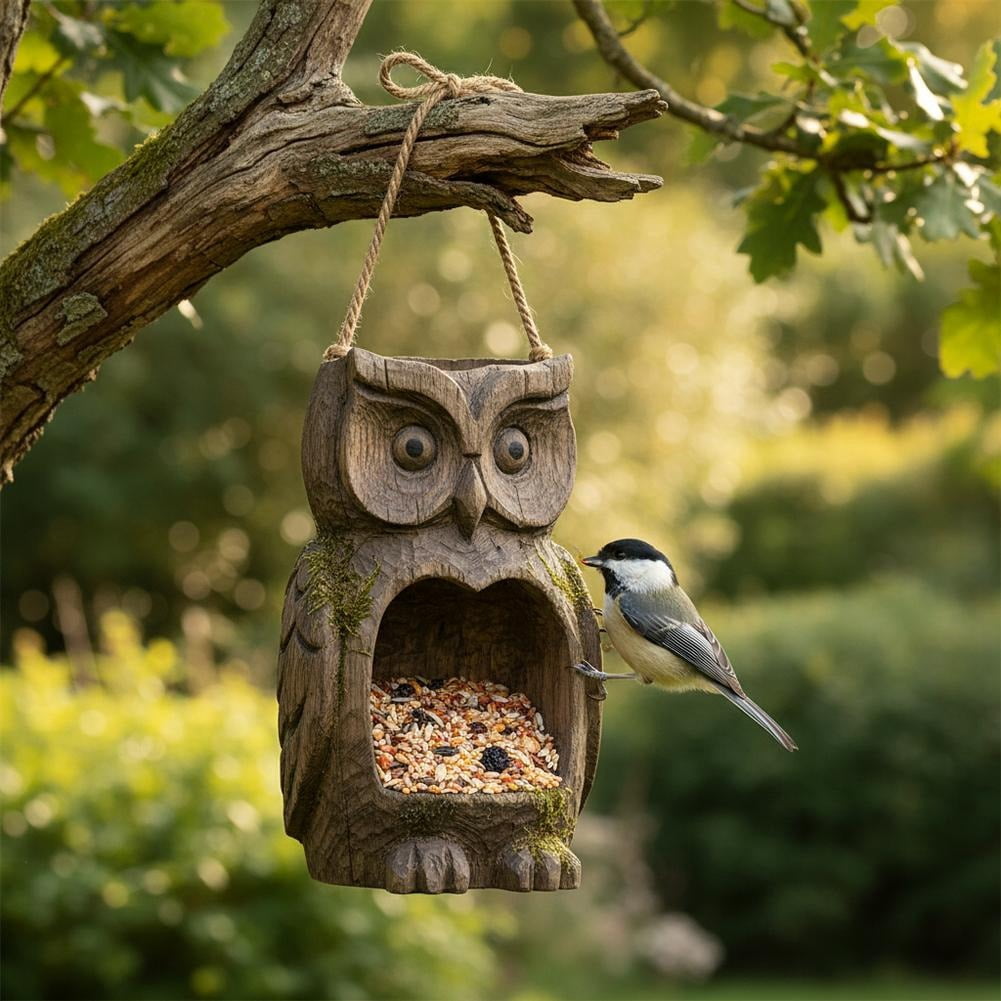 Resin Owl Bird Feeder for Outdoor Garden - Realistic Wood-Look Decorative Wildlife Feeding Station - Weatherproof Hanging Birdfeeder for Backyard & Patio