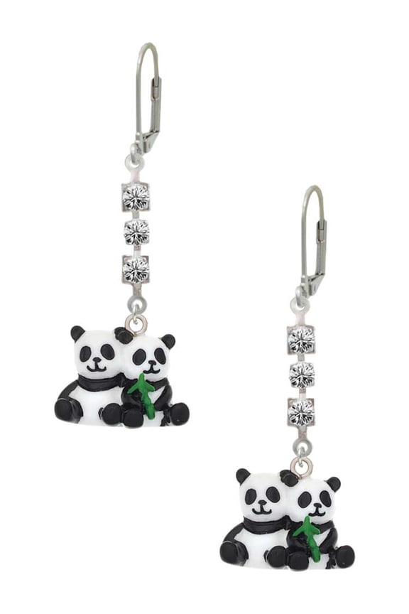 Resin Panda Bear Best Friends Crystal Madison Leverback Earrings