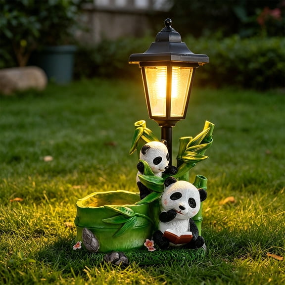 Resin Panda Garden Statue with Solar LED Light, Decorative Flower Pot Sculpture, Outdoor Waterproof Night Light for Garden Patio
