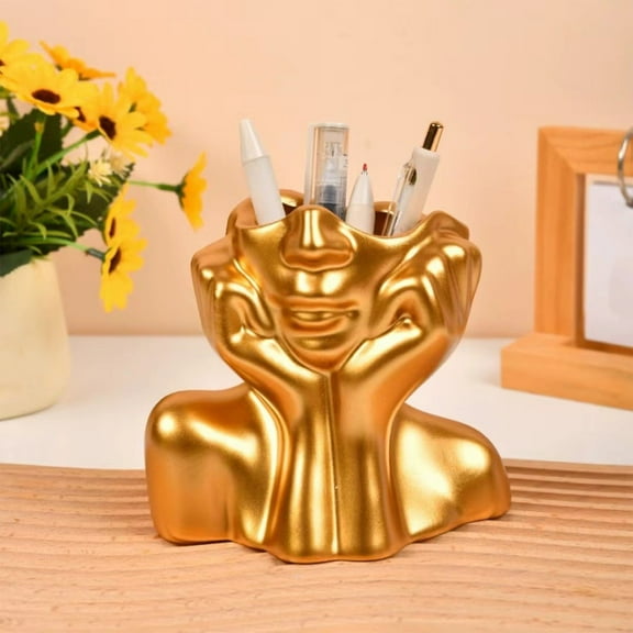 Resin Pen Holder Vase, Desktop Stationery Organizer, Home Office Decor, Decorative Flower Container, Gold Accent Desk Accessory, Multifunctional
