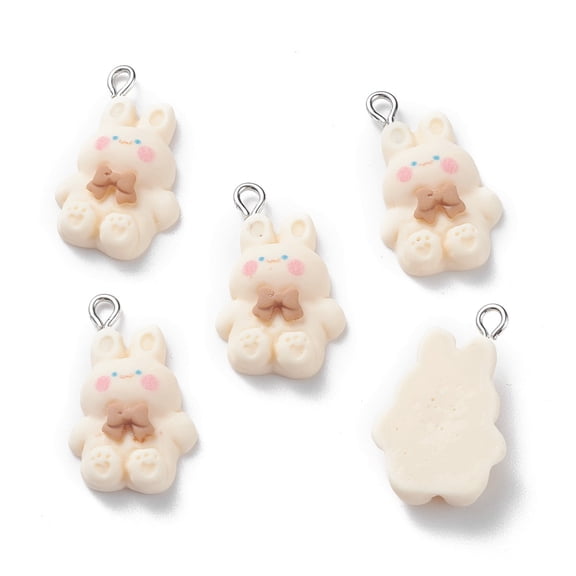 Resin Pendants with Iron Loop Rabbit White 26x16x6.5mm Hole: 2.5mm
