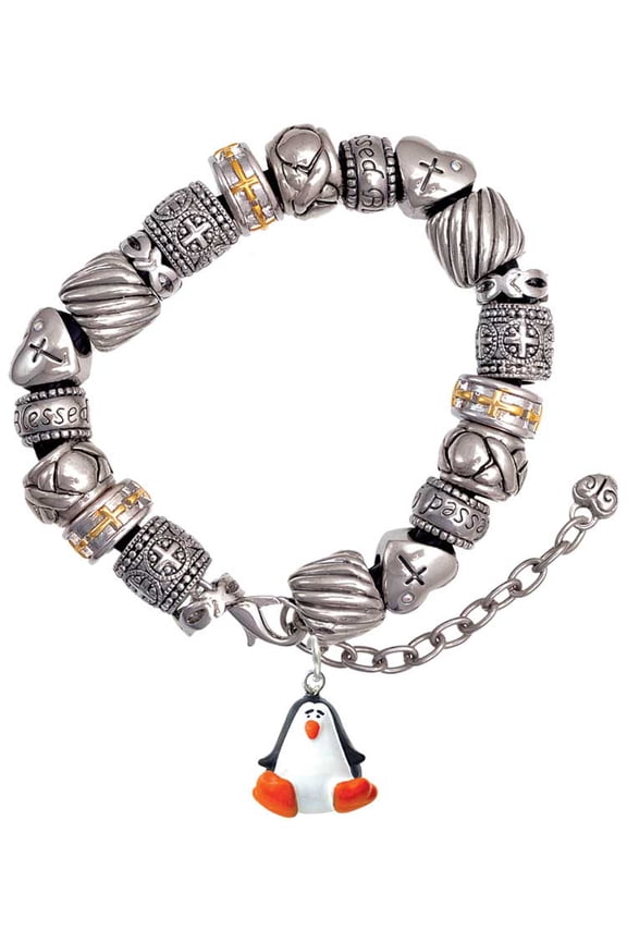 Resin Penguin Silver Tone Christian Bead Bracelet