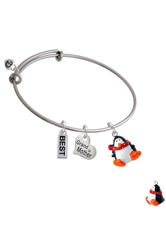 Resin Penguin with Red Scarf Grandmother Heart Expandable Bangle Bracelet
