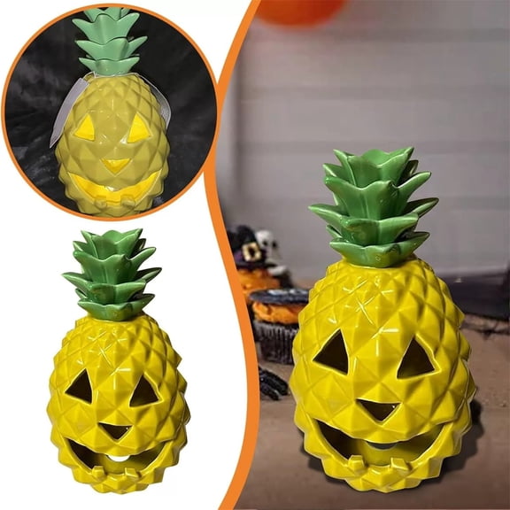 Resin Pineapple Jack-O'-Lantern Light, Yellow Battery Powered Halloween Holiday Decoration for Kitchen, Tabletop, Garden and Party Display