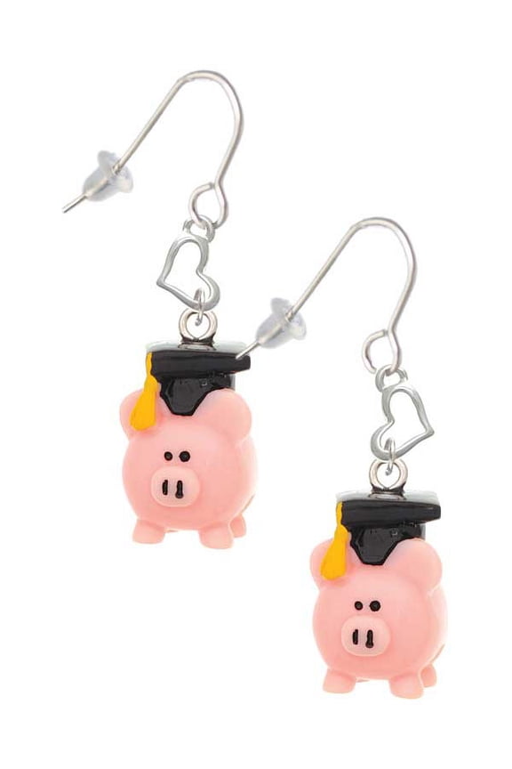 Resin Pink Pig Graduate Heart French Earrings