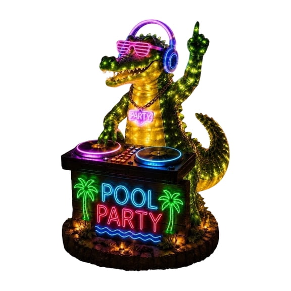 Resin Pool Party Crocodile Garden Light Statue with DJ Console LED Illumination and Button Battery Included for Patio Yard