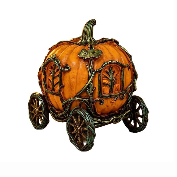 Resin Pumpkin Carriage Figurine Halloween Tabletop Decor Pumpkin Ornament with Wheels Window Details and Stem Accent