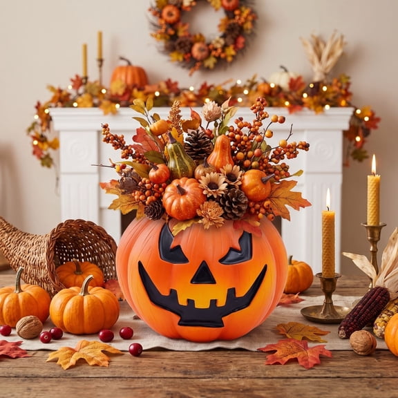 Resin Pumpkin Planter Pot, Halloween Decorative Flower Pot for Succulents, Fall Indoor Outdoor Garden Home Ornament, Seasonal Tabletop Centerpiece