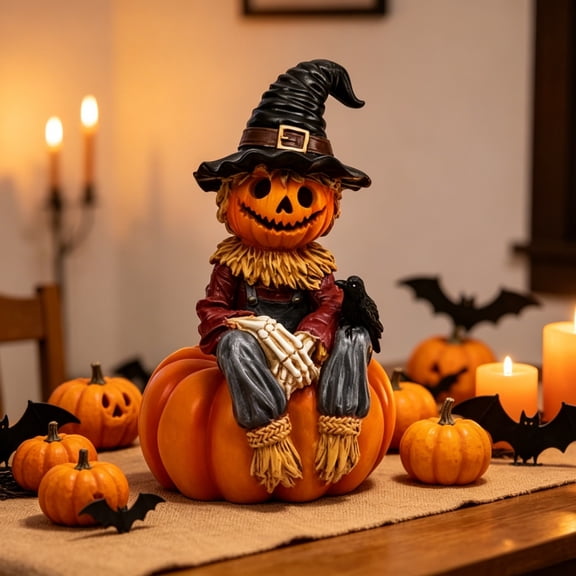 Resin Pumpkin Scarecrow Cute Halloween Decor Figurine, Hand-Painted Witch Hat Halloween Mantel Decorations, Spooky Fall Porch Decor for Tabletop and Shelf