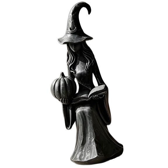 Halloween Party Table Witch Figurine, Resin Gothic Shelf Accent With Open Book and Pumpkin Detail for Seasonal Indoor Home Display