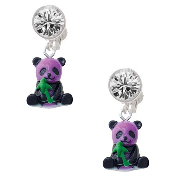 Resin Purple Panda Bear Clear Crystal Clip On Earrings