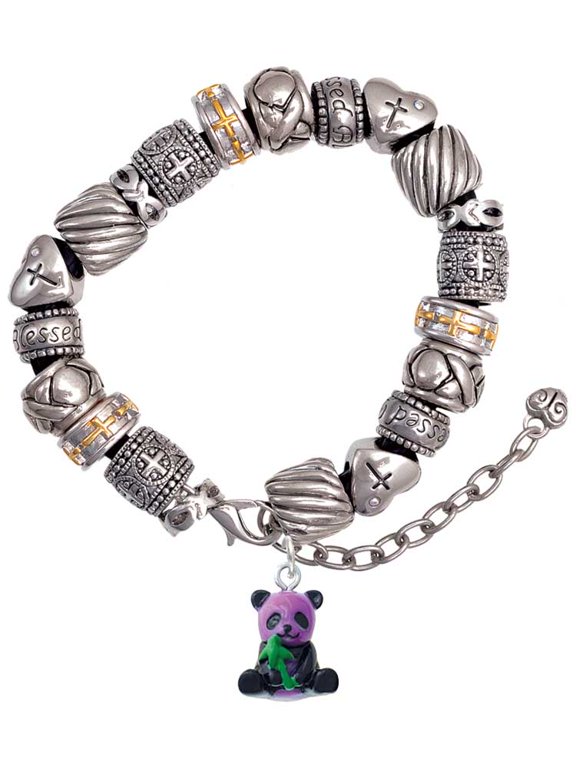 Resin Purple Panda Bear Silver Tone Christian Bead Bracelet