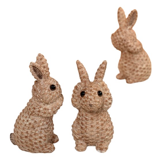 Resin Rabbit Figurine Set of 3, Woven Easter Bunny Decor, Spring Tabletop Home Accent Gift