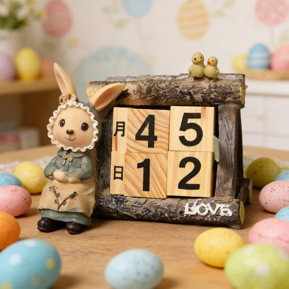 Resin Rabbit Figurines & Perpetual Calendar Collection, Reusable Decorative Date Keeper, Daily Desktop Accessory for Home Office Management, Easter Wooden Perpetual Block Calendar