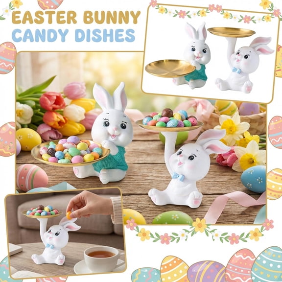 Resin Rabbit Tray Easter Candy Bowl Decorative Bunny Figurine with Gold Serving Tray