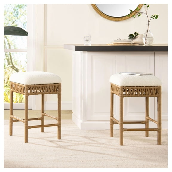 Resin Rattan Counter Stool - 25.5" White Boucle Bar Stool - Backless Upholstered Kitchen Island Stool - Modern Farmhouse Dining Stool for Home & Cafe