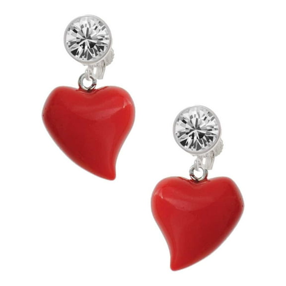 Resin Red Puffy Heart Clear Crystal Clip On Earrings