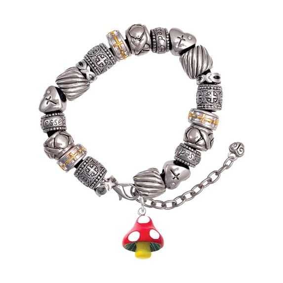 Resin Red Spotted Mushroom Silver Tone Christian Bead Bracelet