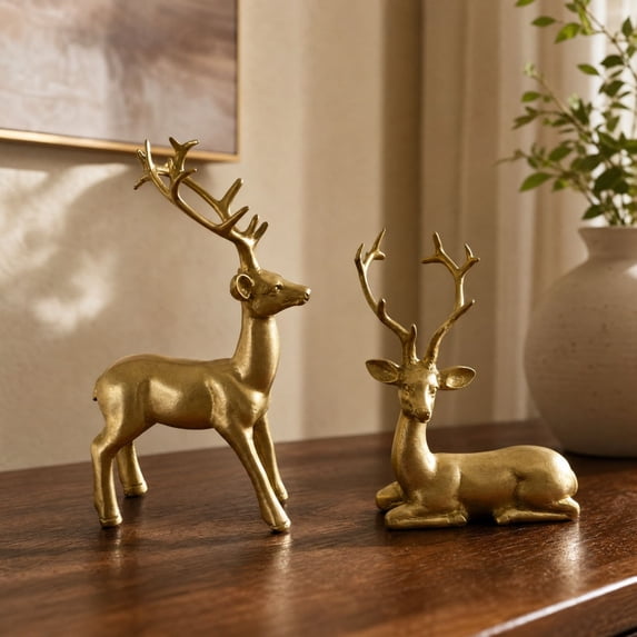 Resin Reindeer Figurine Set, Christmas Standing And Lying Golden Deer Statues, Tabletop Decorative Ornaments For Holiday Decoration