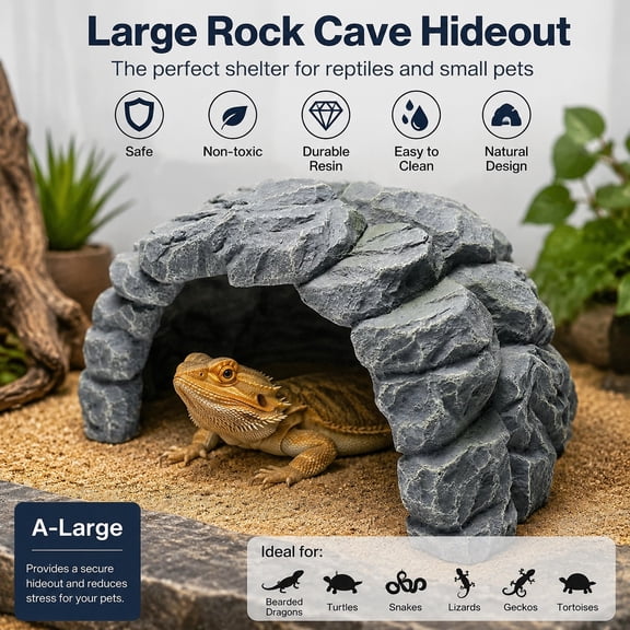 Resin Reptile Hideout Cave, Natural Habitat Decor for Bearded Dragon, Leopard Gecko, Lizards, Turtles, Terrarium Accessory Large
