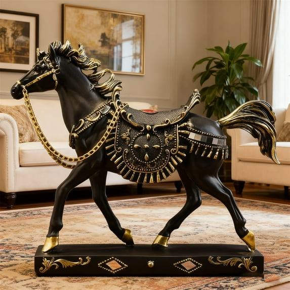 Resin Running Horse Figurine Ornament, Feng Shui Home Office Decoration, Wealth and Positive Energy Sculpture for Desktop and Living Room
