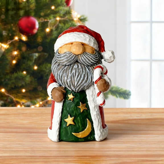 Resin Santa Figurine - Holiday Display with Candy Cane and Moon - Ideal Desktop Ornament for Home Decoration