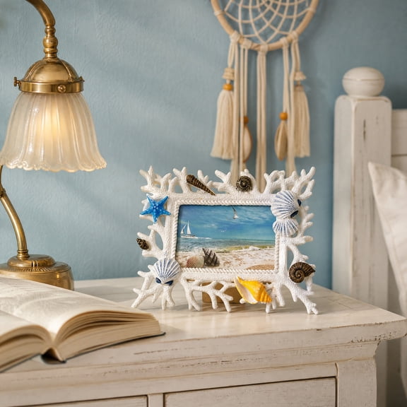 Resin Sea Shell Picture Frame Display Stand for Photo, Nautical Photo Frame Tabletop Ornament for Home Decor, 6 Inch