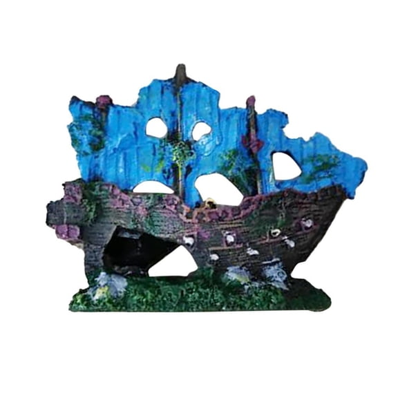 Resin Shipwreck Aquarium Ornament - Fish Tank Landscape Decor with Blue Sails & Purple Accents, Aquatic Cave Hideout for Betta, Goldfish, Shrimp - Ideal for Freshwater Saltwater Aquascaping, Desktop