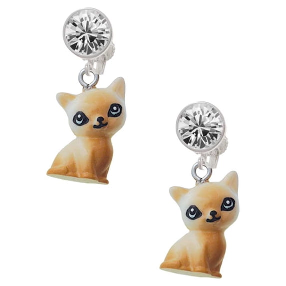 Resin Siamese Cat Clear Crystal Clip On Earrings