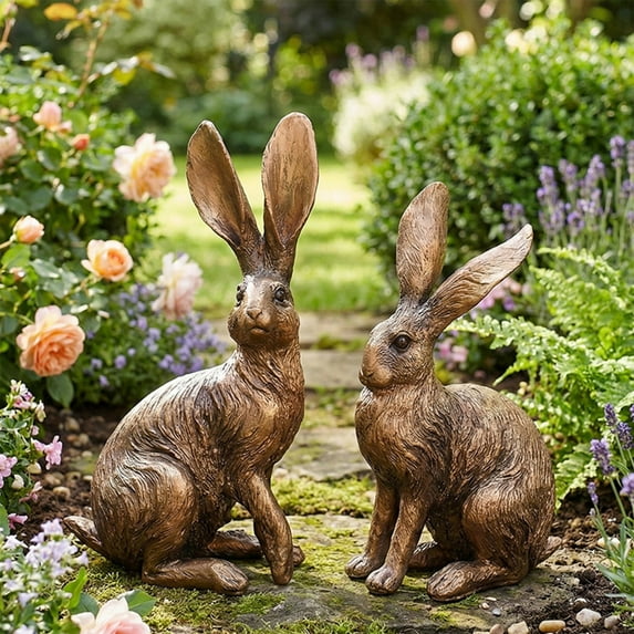 Resin Simulated Bronze Long-Eared Bunny Figurine, 10x5 Inch – Antique Finish, for Easter, Home Decor, Mantel, Shelf – Multicolor